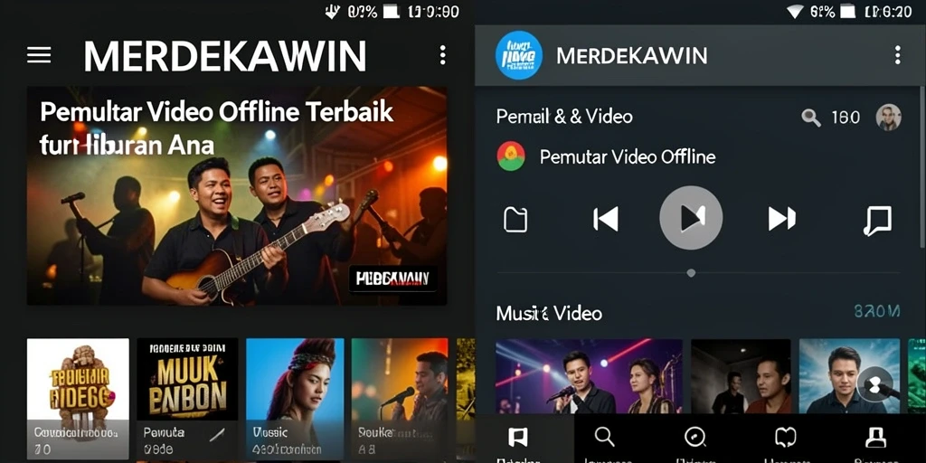 Tampilan antarmuka <strong>MERDEKAWIN</strong> yang user-friendly dan fungsi Pemutar Video Offline.
